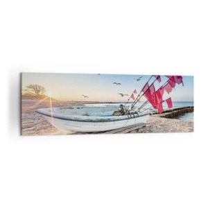 Cuadro sobre lienzo - Impresión de Imagen - Un barco en la playa al amanecer con gaviotas y banderas rojas. - 160x50cm - Un merecido descanso - Decoración de pared moderna para salón y dormitorio ARTTOR