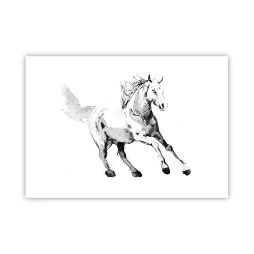 Póster - Boceto de un caballo al galope en tonos de blanco y negro. - 100x70cm - Alma indómita - Decoración de pared moderna para salón y dormitorio ARTTOR