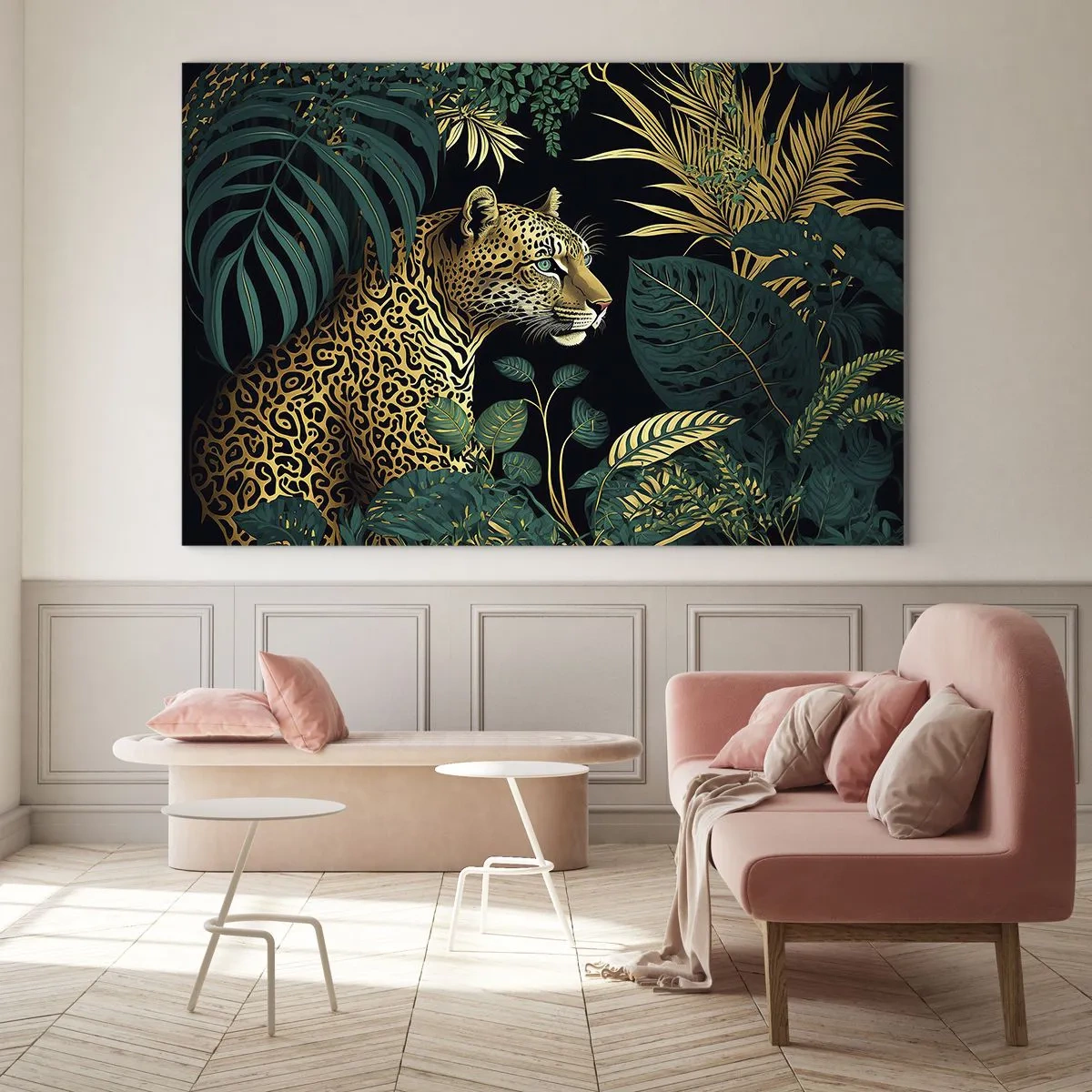Cuadro sobre vidrio - Impresiones sobre Vidrio - Un leopardo entre hojas tropicales sobre un fondo oscuro. - 70x50cm - El anfitrión en la jungla - Decoración de pared moderna para salón y dormitorio ARTTOR