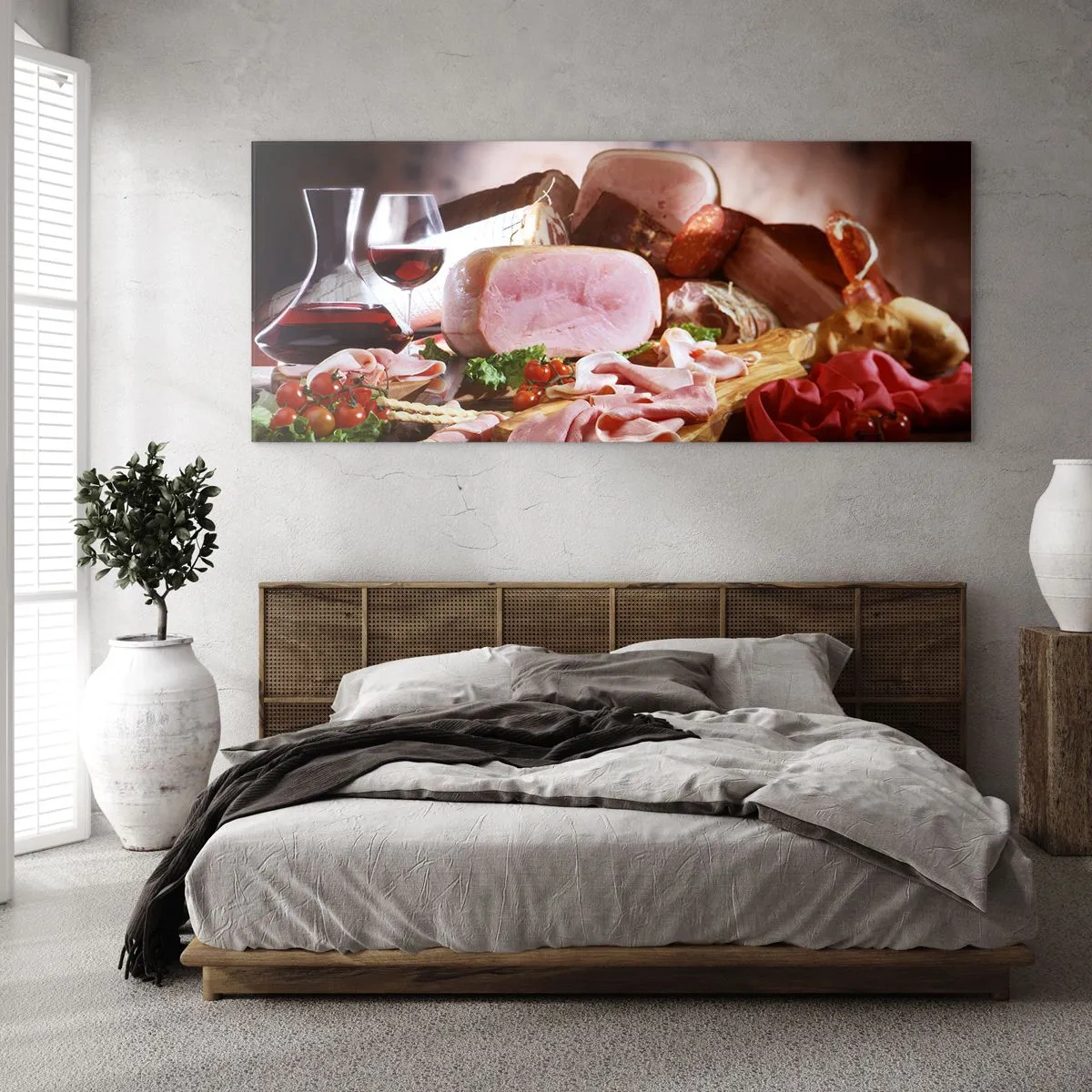 Cuadro sobre vidrio - Impresiones sobre Vidrio - Embutidos con vino sobre fondo rústico - 120x50cm - Un sueño culinario  - Decoración de pared moderna para salón y dormitorio ARTTOR