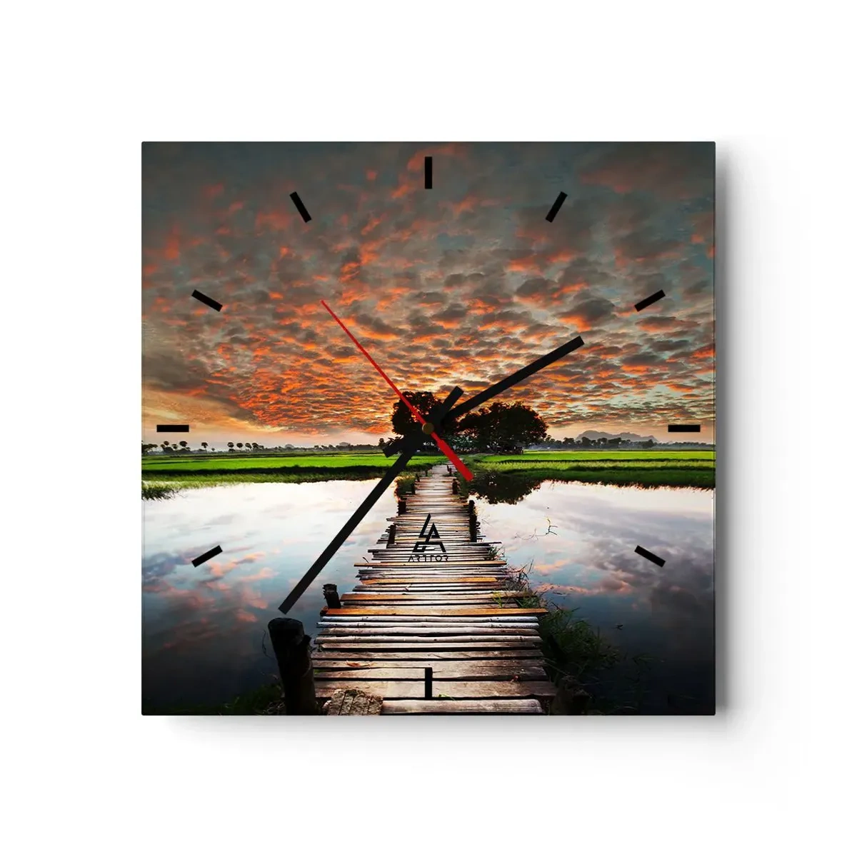 Reloj de pared - Reloj de vidrio - Puente de madera sobre el agua al atardecer - 30x30cm - Extiende tus brazos - respira  - Decoración de pared moderna para salón y dormitorio ARTTOR