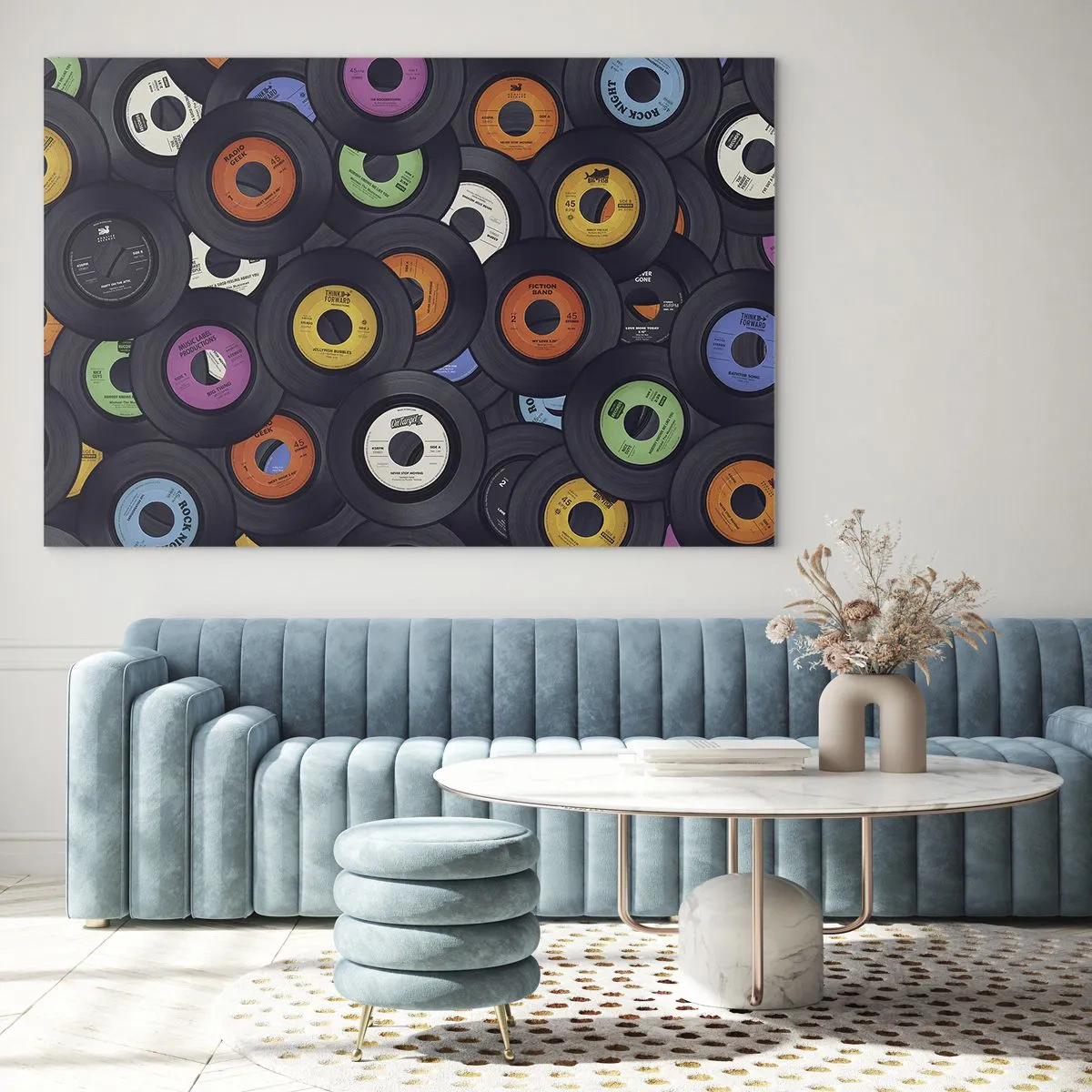 Cuadro sobre vidrio - Impresiones sobre Vidrio - Discos de vinilo de colores sobre un fondo negro - 120x80cm - Colores de los clásicos - Decoración de pared moderna para salón y dormitorio ARTTOR