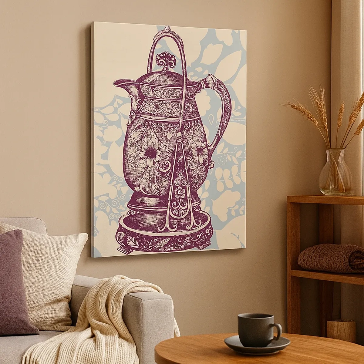 Cuadro sobre lienzo - Impresión de Imagen - Jarra estilizada con adornos sobre fondo floral. - 50x70cm - La belleza de lo cotidiano - Decoración de pared moderna para salón y dormitorio ARTTOR