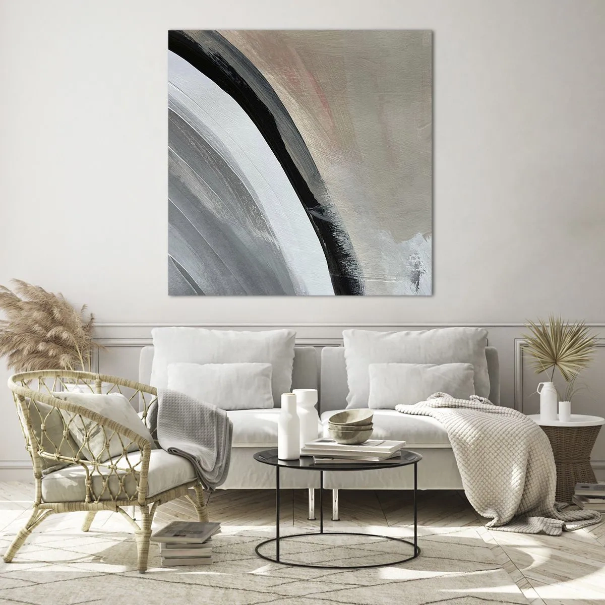 Cuadro sobre vidrio - Impresiones sobre Vidrio - Composición: un arco negro y gris - 40x40 cm