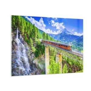 Cuadro sobre vidrio - Impresiones sobre Vidrio - Tren alpino sobre un puente con vistas a una cascada - 70x50cm - Ferrocarril a los Alpes - Decoración de pared moderna para salón y dormitorio ARTTOR