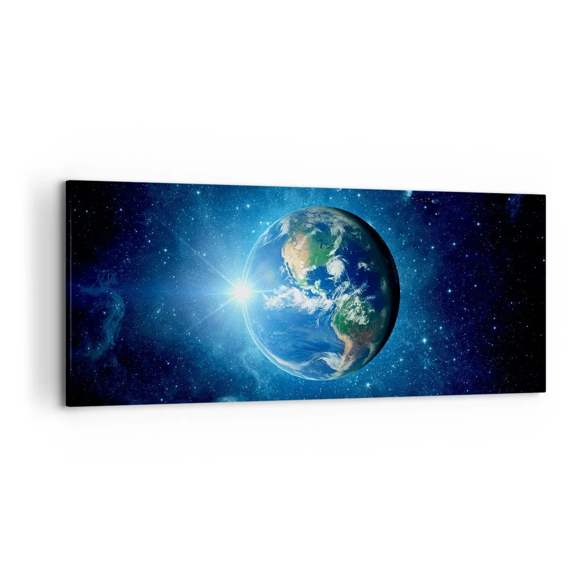 Cuadro sobre lienzo - Impresión de Imagen - La Tierra en el espacio rodeada de estrellas y luz. - 120x50cm - Estamos en el cielo - Decoración de pared moderna para salón y dormitorio ARTTOR