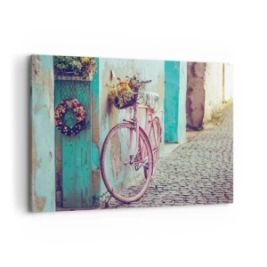 Cuadro sobre lienzo - Impresión de Imagen - Una bicicleta rosa junto a una puerta turquesa. - 100x70cm - Ahora mismo vuelvo - Decoración de pared moderna para salón y dormitorio ARTTOR