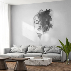 Fotomural Premium Sand - Pintura de acuarela en blanco y negro del rostro de una mujer en un estilo artístico. - 100x70cm - Sueños en femenino - Decoración de pared moderna para salón y dormitorio ARTTOR