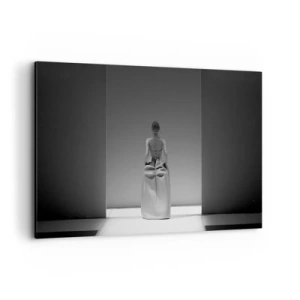 Cuadro sobre lienzo - Impresión de Imagen - Una pintura en blanco y negro con una escena minimalista de una mujer en un espacio geométrico. - 120x80cm - Sencillez refinada - Decoración de pared moderna para salón y dormitorio ARTTOR