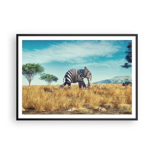 Póster en marco negro - Cebra en un paisaje africano - 100x70cm - El gris ya no está de moda - Decoración de pared moderna para salón y dormitorio ARTTOR