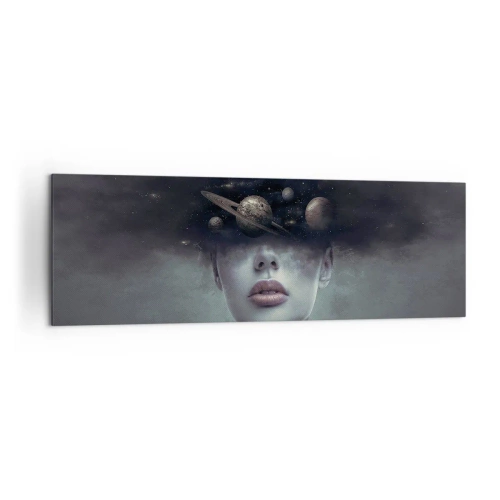 Cuadro sobre lienzo - Impresión de Imagen - Un rostro de mujer con un motivo de planeta y espacio en el fondo. - 160x50cm - Y los planetas sienten... - Decoración de pared moderna para salón y dormitorio ARTTOR
