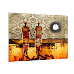 Cuadro sobre vidrio - Impresiones sobre Vidrio - Dos figuras abstractas sobre un fondo de ornamento y tonos dorados. - 100x70cm - Composición étnica en colores africanos - Decoración de pared moderna para salón y dormitorio ARTTOR