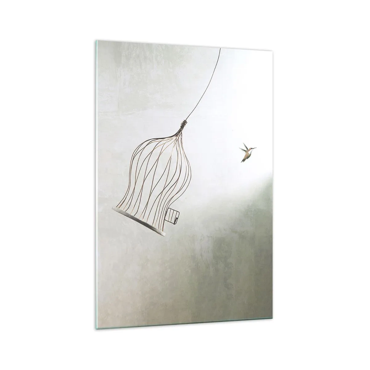 Cuadro sobre vidrio - Impresiones sobre Vidrio - Un pájaro liberado de una jaula con el cielo brillante como telón de fondo. - 70x100cm - Aquí debo estar - Decoración de pared moderna para salón y dormitorio ARTTOR