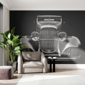 Fotomural Premium Sand - Una toma frontal de un coche clásico sobre un fondo negro. - 100x70cm - Un verdadero caballero - Decoración de pared moderna para salón y dormitorio ARTTOR