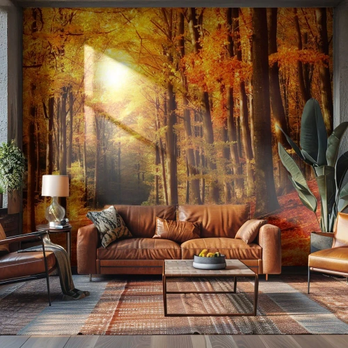 Fotomural Premium Sand - Bosque otoñal con rayos de sol dorados - 100x70cm - Un otoño dorado en una carretera forestal - Decoración de pared moderna para salón y dormitorio ARTTOR