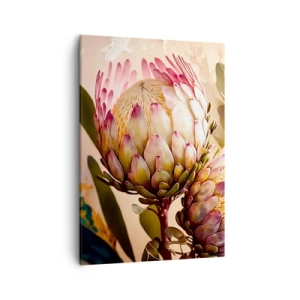 Cuadro sobre lienzo - Impresión de Imagen - Flores de protea coloridas sobre un fondo delicado. - 50x70cm - Abrazados con ternura - Decoración de pared moderna para salón y dormitorio ARTTOR
