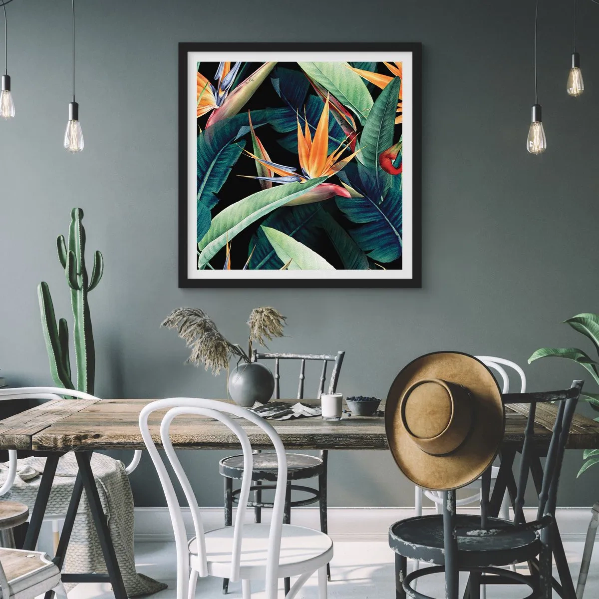 Póster en marco negro - Flores de llamas de los trópicos - 30x30 cm