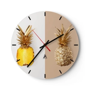 Reloj de pared - Reloj de vidrio - Una piña dorada y su sección transversal sobre un fondo bicolor. - 30x30cm - Piña y media - Decoración de pared moderna para salón, cocina y dormitorio ARTTOR