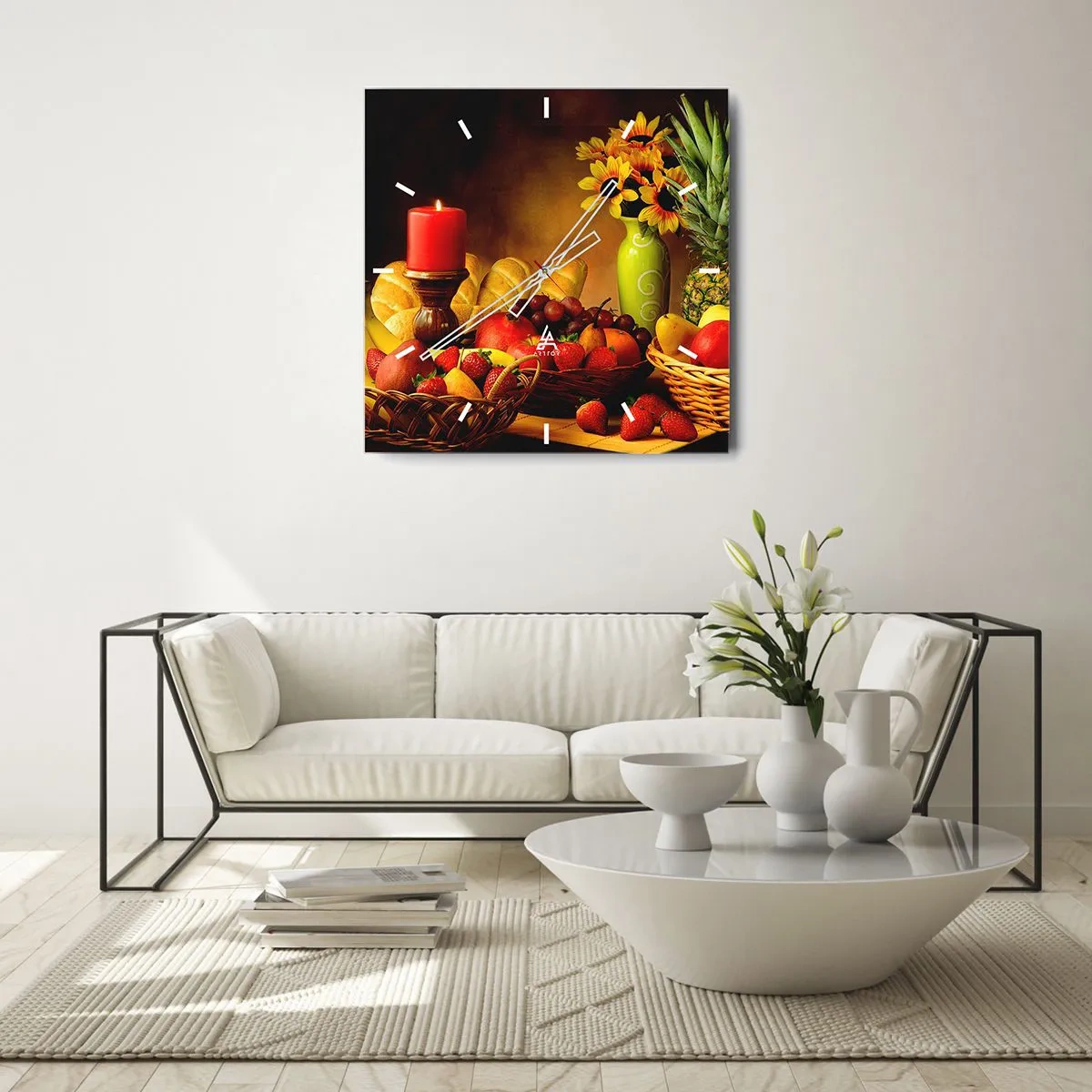Reloj de pared - Reloj de vidrio - Bodegón con pan y fruta - 40x40 cm