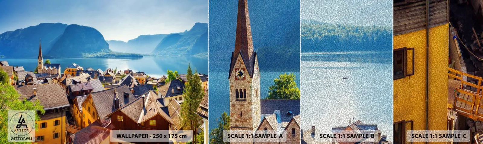 Muestra de fotomural Premium Sand - No podría ser más pintoresco - Paisaje, Ciudad, Austria - 100x30 cm