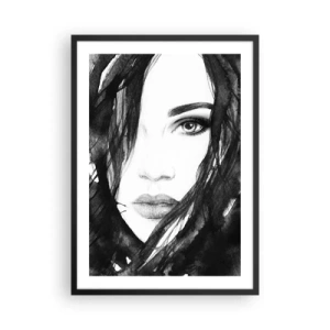 Póster en marco negro - Acuarela en blanco y negro del rostro de una mujer. - 50x70cm - Retrato de una dama en blanco y negro - Decoración de pared moderna para salón y dormitorio ARTTOR