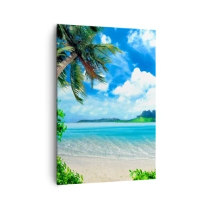 Cuadro sobre lienzo - Impresión de Imagen - Playa tropical con palmeras y vista a la isla. - 70x100cm - El azul de los trópicos - Decoración de pared moderna para salón y dormitorio ARTTOR