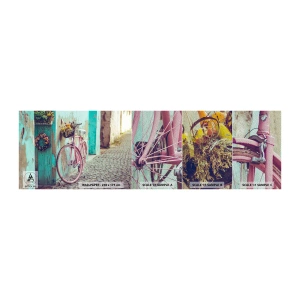 Muestra de fotomural Premium Sand - Ahora mismo vuelvo - Bicicleta, Arquitectura, flores - 100x30 cm