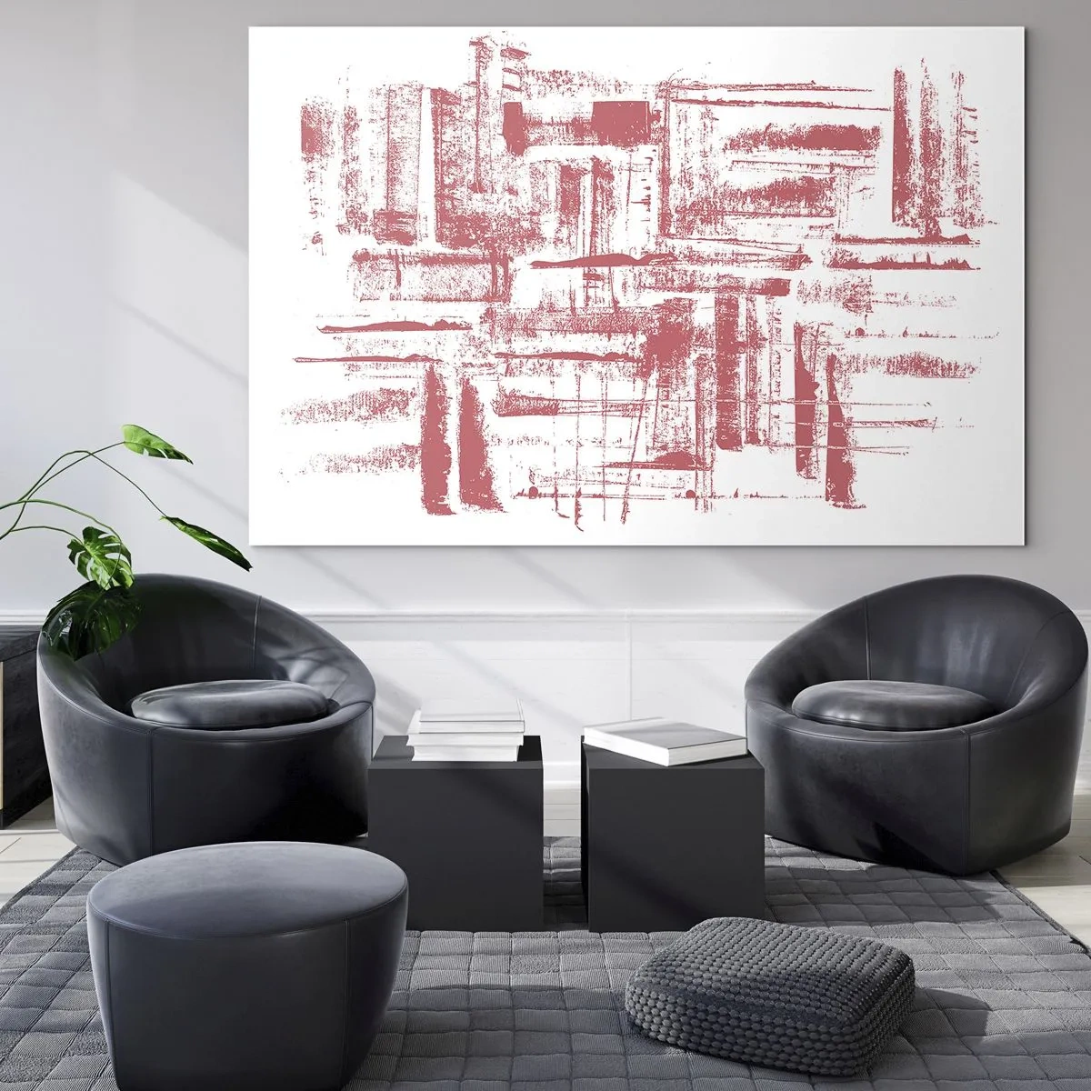 Cuadro sobre vidrio - Impresiones sobre Vidrio - Una composición abstracta en rojo que se asemeja al contorno de la arquitectura urbana. - 70x50cm - Ciudad roja - Decoración de pared moderna para salón y dormitorio ARTTOR