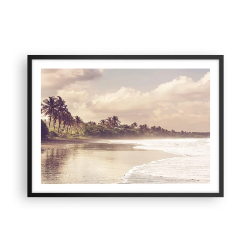 Póster en marco negro - Una playa con palmeras y olas suaves por la mañana. - 70x50cm - La caricia de las olas - Decoración de pared moderna para salón y dormitorio ARTTOR