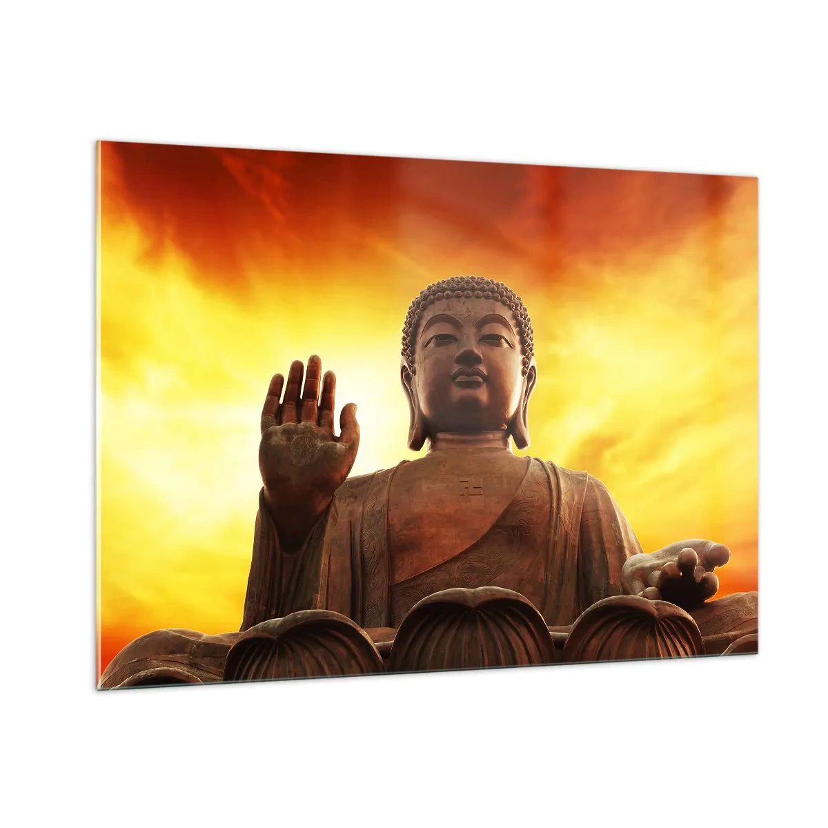 Cuadro sobre vidrio - Impresiones sobre Vidrio - Una estatua de Buda con el telón de fondo de una puesta de sol dorada. - 100x70cm - La calma del mundo - Decoración de pared moderna para salón y dormitorio ARTTOR