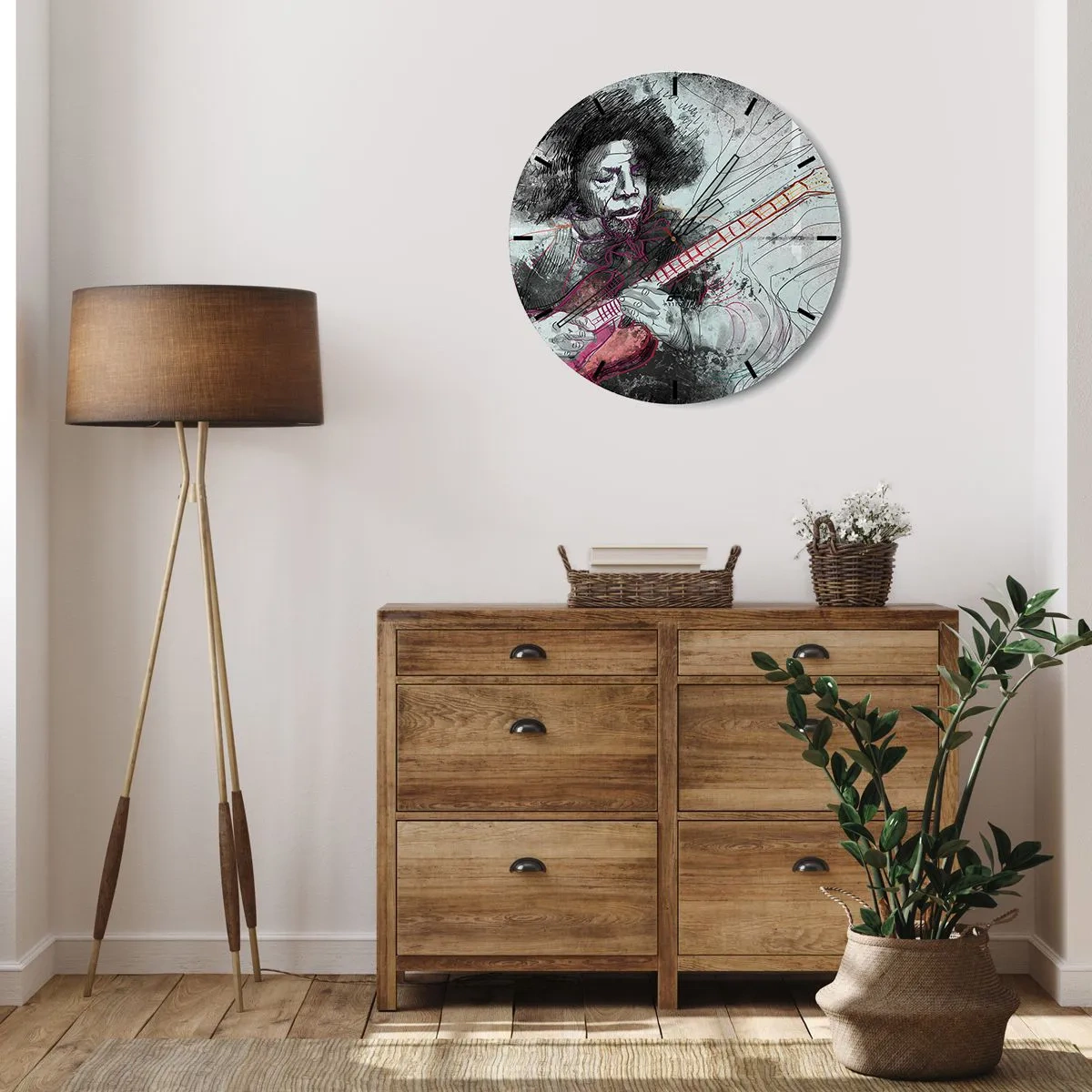 Reloj de pared - Reloj de vidrio - Motivo artístico de guitarrista en tonos pastel. - 30x30cm - Volando con la música - Decoración de pared moderna para salón, cocina y dormitorio ARTTOR