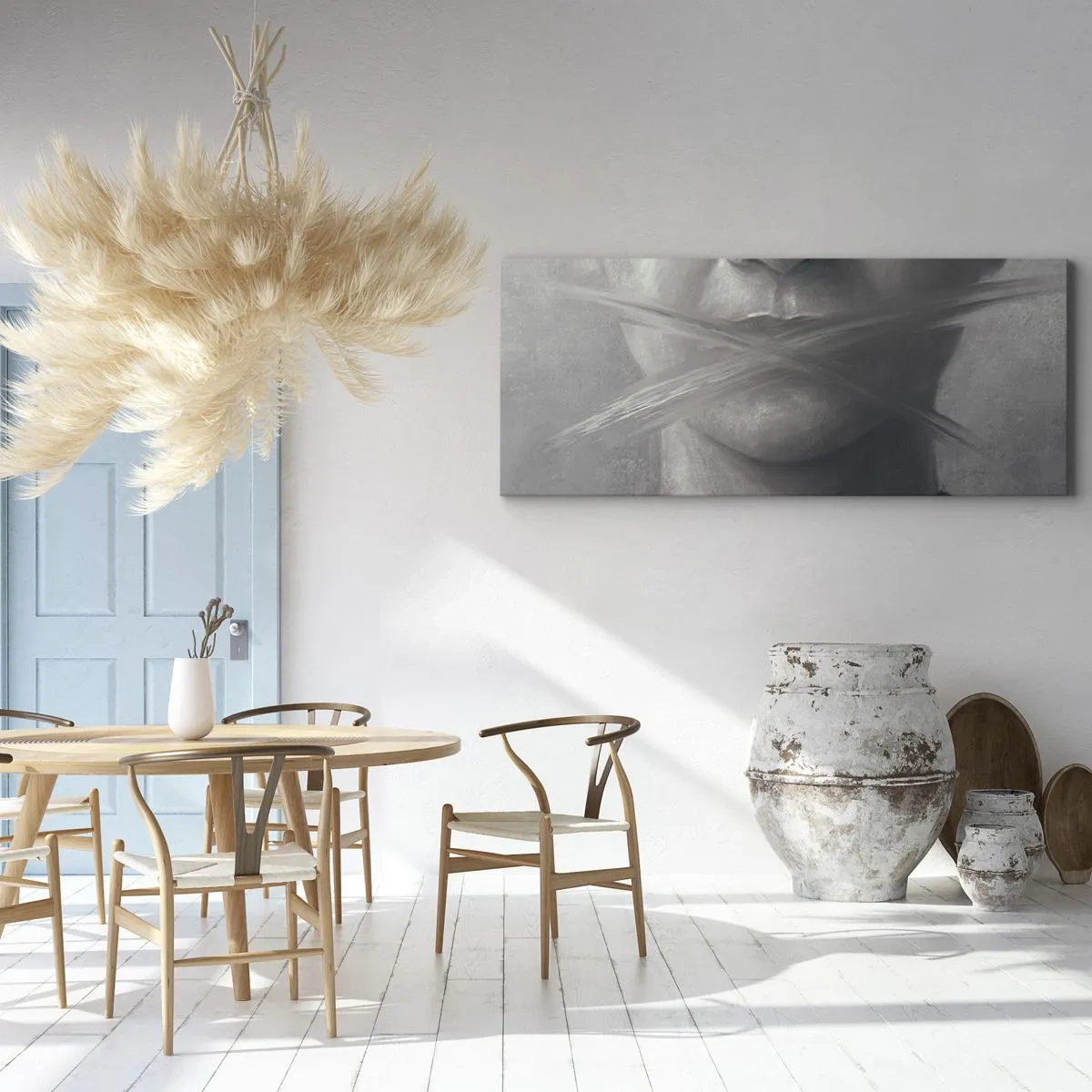 Cuadro sobre lienzo - Impresión de Imagen - Un retrato simbólico con labios difuminados en tonos grises. - 140x50cm - Ni una palabra - Decoración de pared moderna para salón y dormitorio ARTTOR