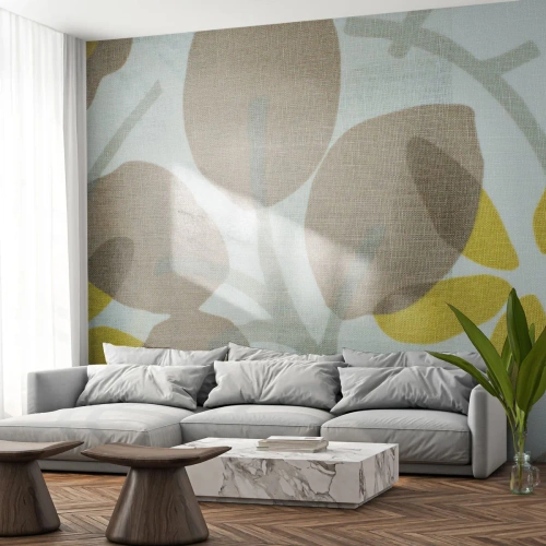 Fotomural Premium Sand - Hojas beige y amarillas sobre un fondo claro en estilo retro. - 100x70cm - Composición a pleno sol - Decoración de pared moderna para salón y dormitorio ARTTOR