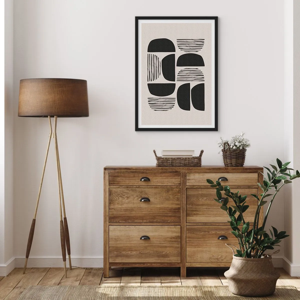 Póster en marco negro - Abstracción geométrica con formas y líneas negras. - 50x70cm - Arreglos a medias - Decoración de pared moderna para salón y dormitorio ARTTOR