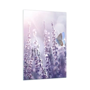 Cuadro sobre vidrio - Impresiones sobre Vidrio - Una mariposa sobre lavanda en flor a la luz de la mañana. - 70x100cm - El beso de una mariposa - Decoración de pared moderna para salón y dormitorio ARTTOR