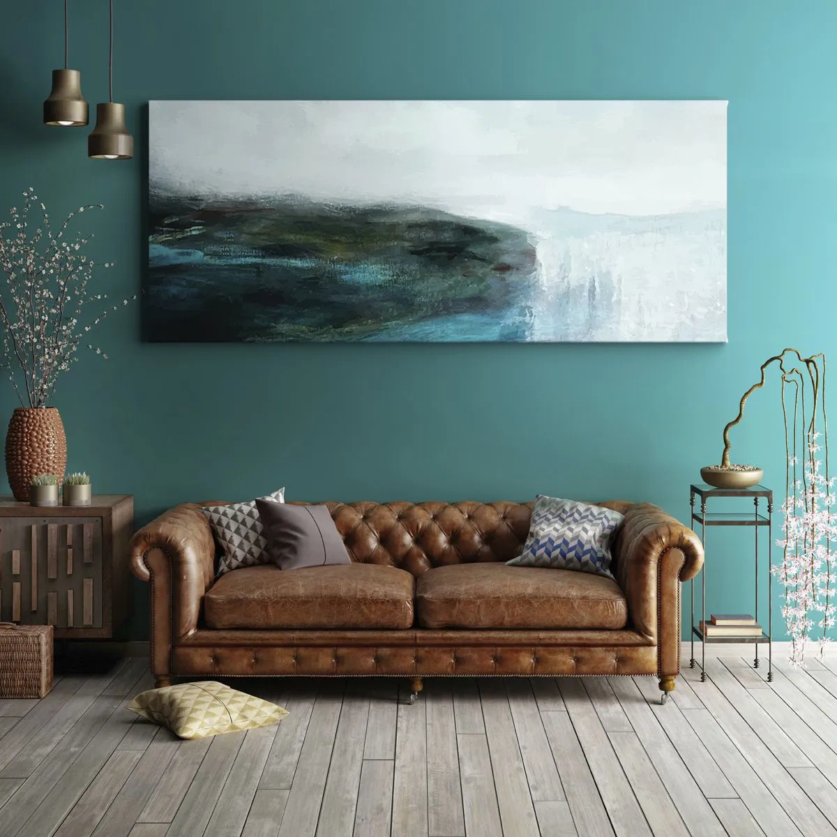 Cuadro sobre lienzo - Impresión de Imagen - Paisaje abstracto en tonos turquesa y gris. - 140x50cm - Abstracción marina - Decoración de pared moderna para salón y dormitorio ARTTOR