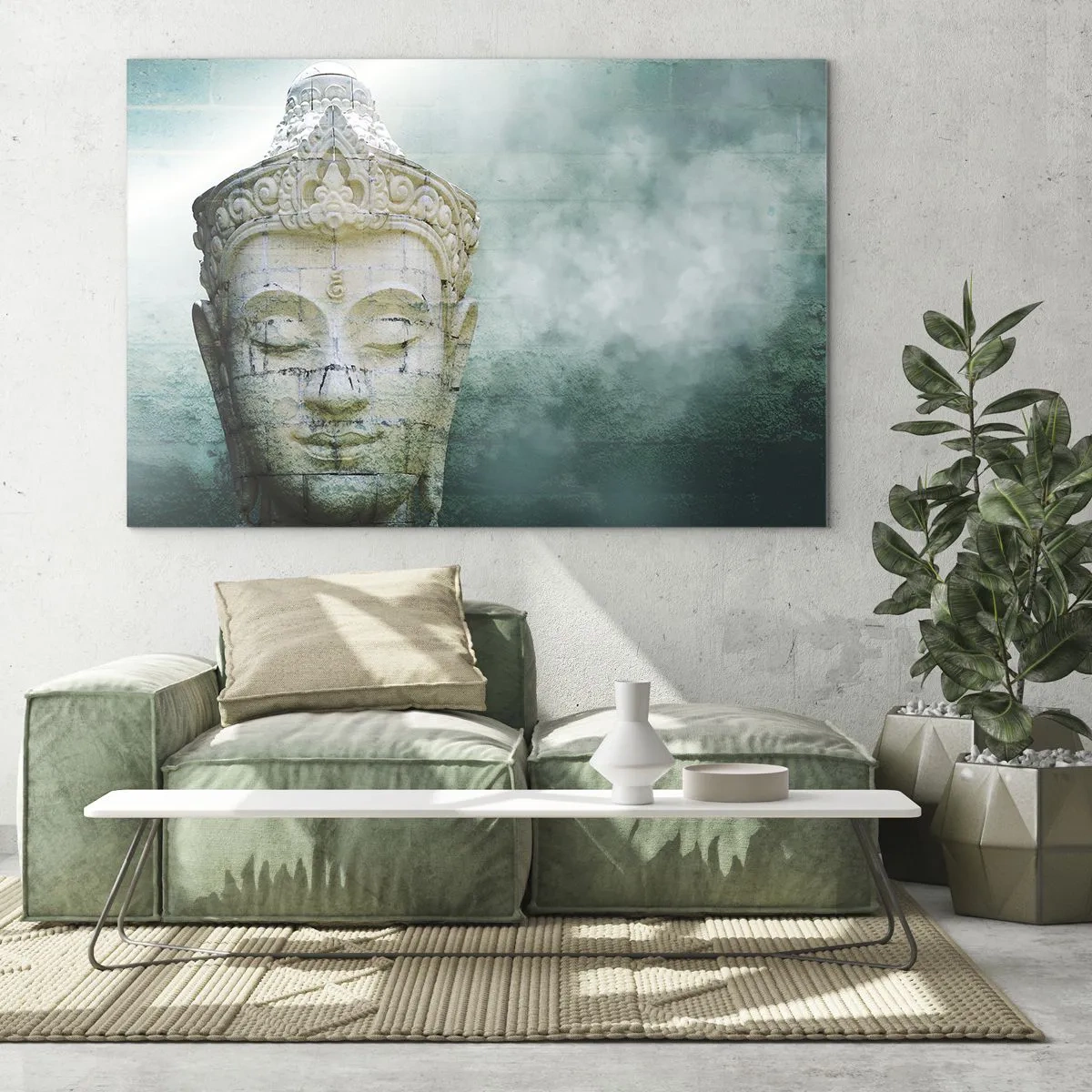 Cuadro sobre vidrio - Impresiones sobre Vidrio - Estatua de Buda en una atmósfera mística. - 120x80cm - Buscando la luz - Decoración de pared moderna para salón y dormitorio ARTTOR