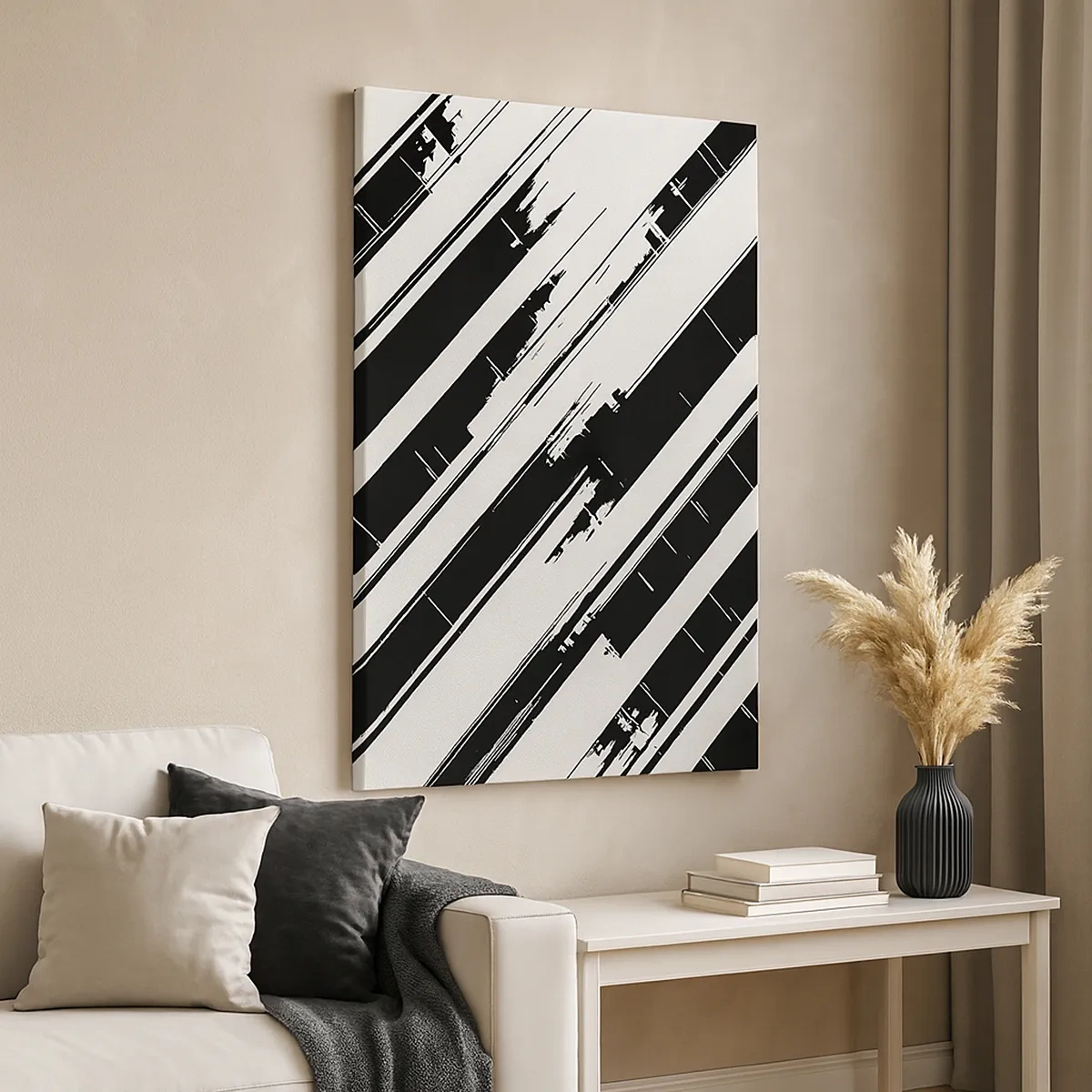Cuadro sobre lienzo - Impresión de Imagen - Líneas blancas y negras y patrones geométricos en un estilo moderno. - 50x70cm - Composición intensa y dinámica - Decoración de pared moderna para salón y dormitorio ARTTOR
