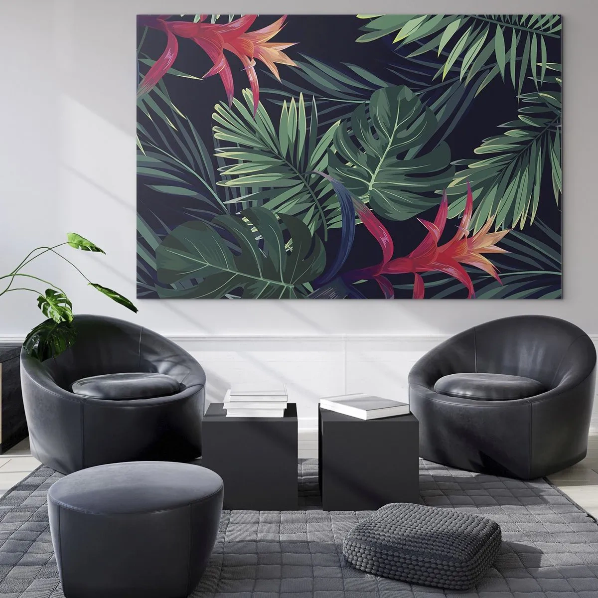Cuadro sobre vidrio - Impresiones sobre Vidrio - Hojas y flores exóticas sobre un fondo oscuro. - 70x50cm - Encender el color verde - Decoración de pared moderna para salón y dormitorio ARTTOR