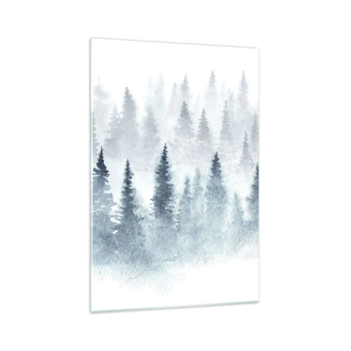 Cuadro sobre vidrio - Impresiones sobre Vidrio - Bosques de coníferas bañados por una delicada niebla. - 70x100cm - Envuelto en la niebla - Decoración de pared moderna para salón y dormitorio ARTTOR
