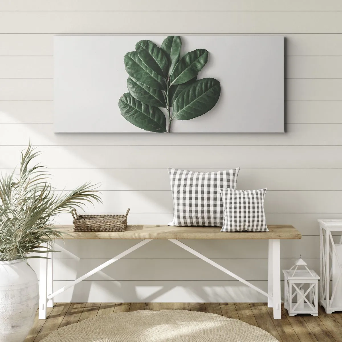 Cuadro sobre lienzo - Impresión de Imagen - Una ramita de hojas verdes sobre un fondo claro. - 120x50cm - El dibujo de la propia naturaleza - Decoración de pared moderna para salón y dormitorio ARTTOR