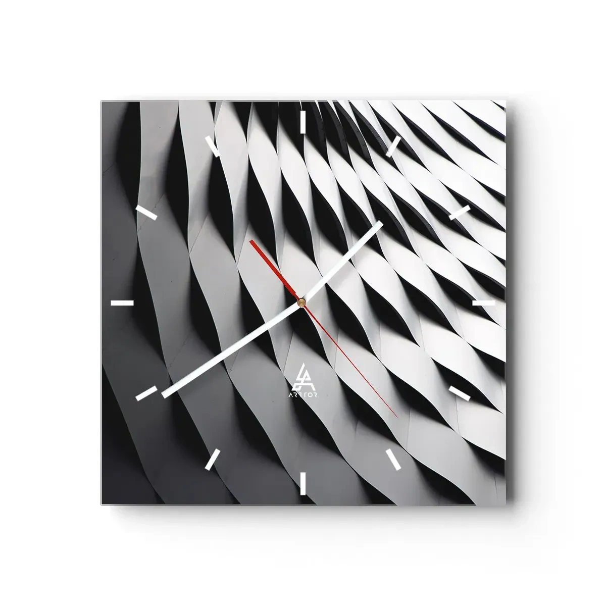 Reloj de pared - Reloj de vidrio - Patrón geométrico abstracto en tonos blanco y negro. - 30x30cm - En la superficie de las ondas - Decoración de pared moderna para salón y dormitorio ARTTOR