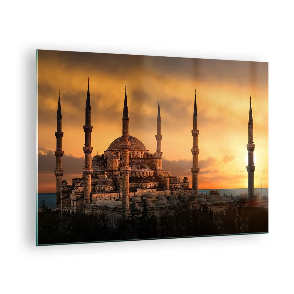 Cuadro sobre vidrio - Impresiones sobre Vidrio - La Mezquita Azul con el atardecer como telón de fondo - 70x50cm - Dios es grande - Decoración de pared moderna para salón y dormitorio ARTTOR