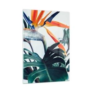 Cuadro sobre vidrio - Impresiones sobre Vidrio - Planta exótica con flor de ave del paraíso. - 50x70cm - La jaula del pájaro colorido - Decoración de pared moderna para salón y dormitorio ARTTOR