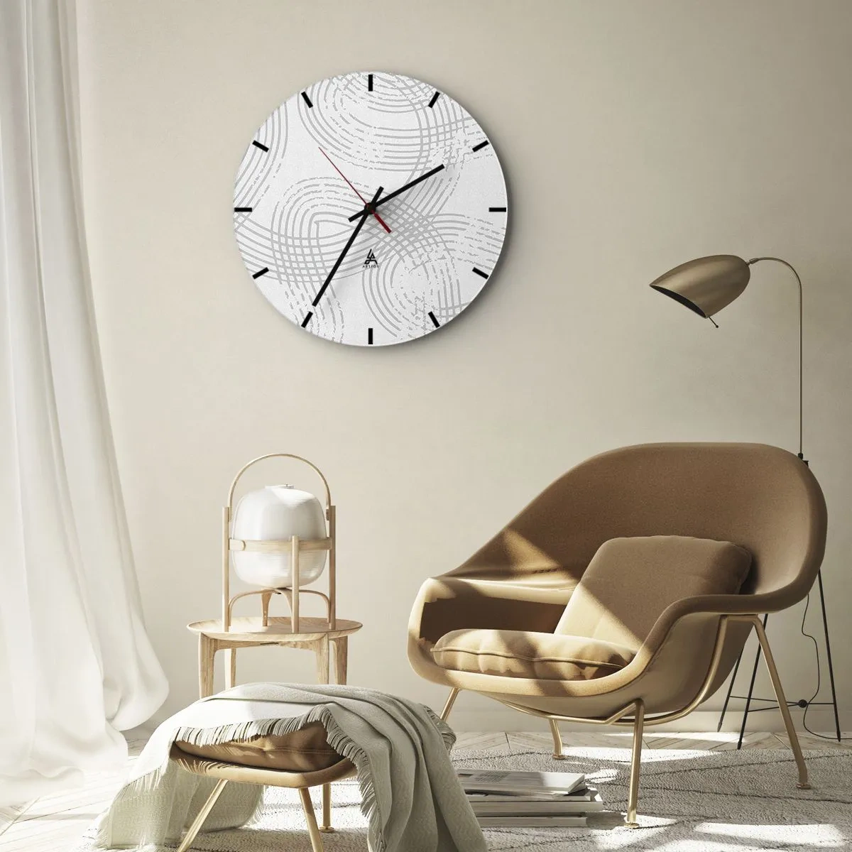 Reloj de pared - Reloj de vidrio - Líneas grises entrecruzadas que forman un patrón sobre un fondo blanco. - 30x30cm - No hay camino recto - Decoración de pared moderna para salón, cocina y dormitorio ARTTOR