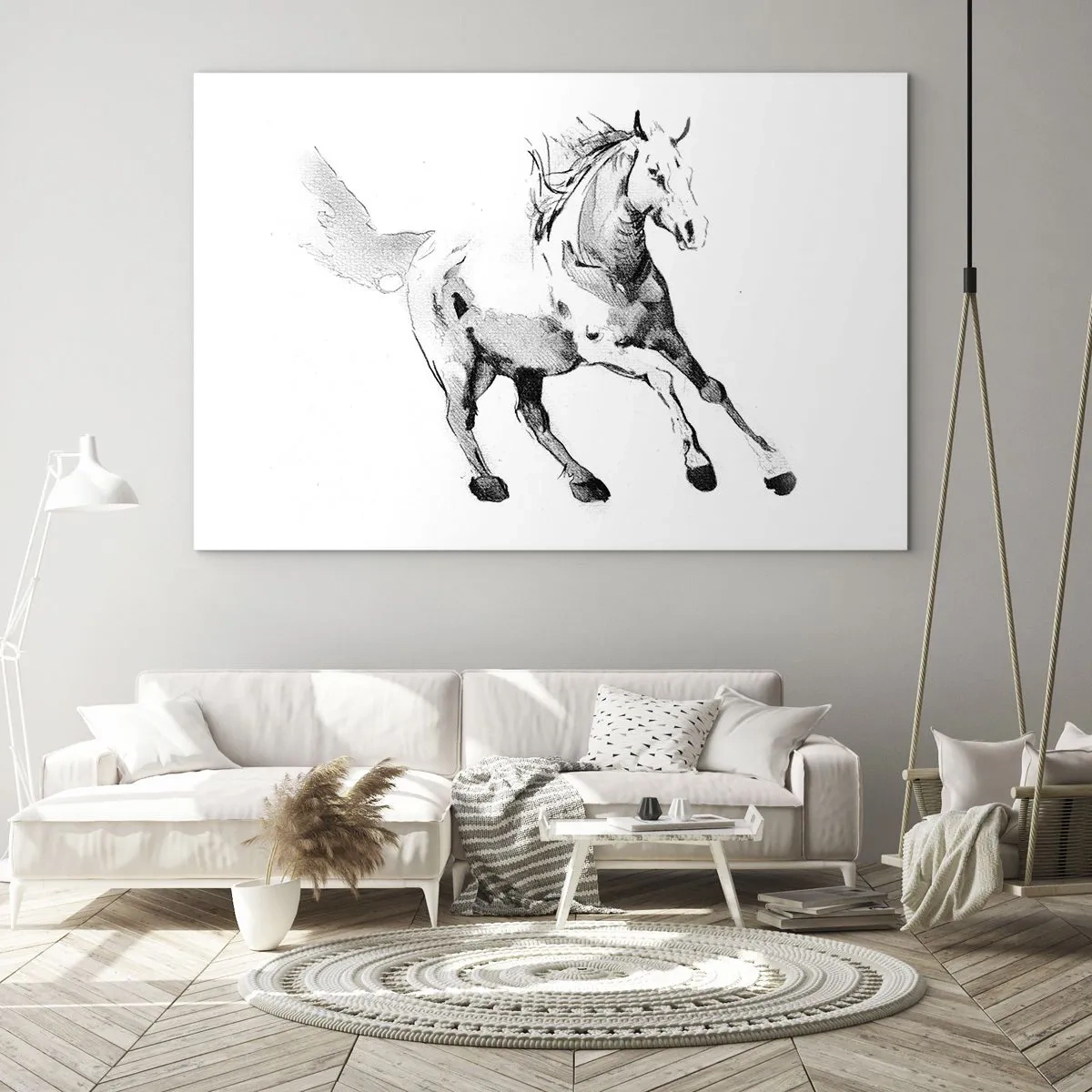 Cuadro sobre vidrio - Impresiones sobre Vidrio - Boceto en blanco y negro de un caballo al galope sobre un fondo blanco. - 120x80cm - Alma indómita - Decoración de pared moderna para salón y dormitorio ARTTOR