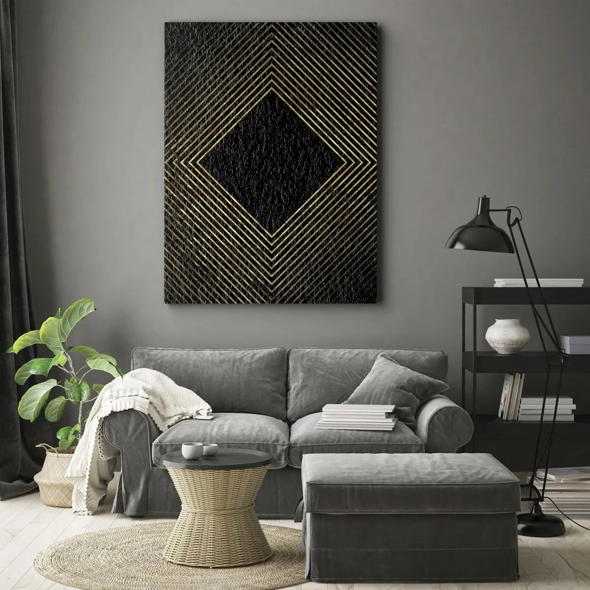 Cuadro sobre lienzo - Impresión de Imagen - Fondo negro con un patrón geométrico de líneas doradas. - 50x70cm - Geometría al estilo glamour - Decoración de pared moderna para salón y dormitorio ARTTOR