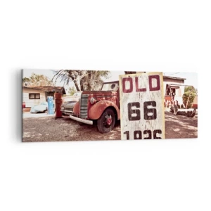 Cuadro sobre lienzo - Impresión de Imagen - Coche retro y cartel de la Ruta 66 en un entorno rústico - 140x50cm - Una leyenda de la América profunda - Decoración de pared moderna para salón y dormitorio ARTTOR