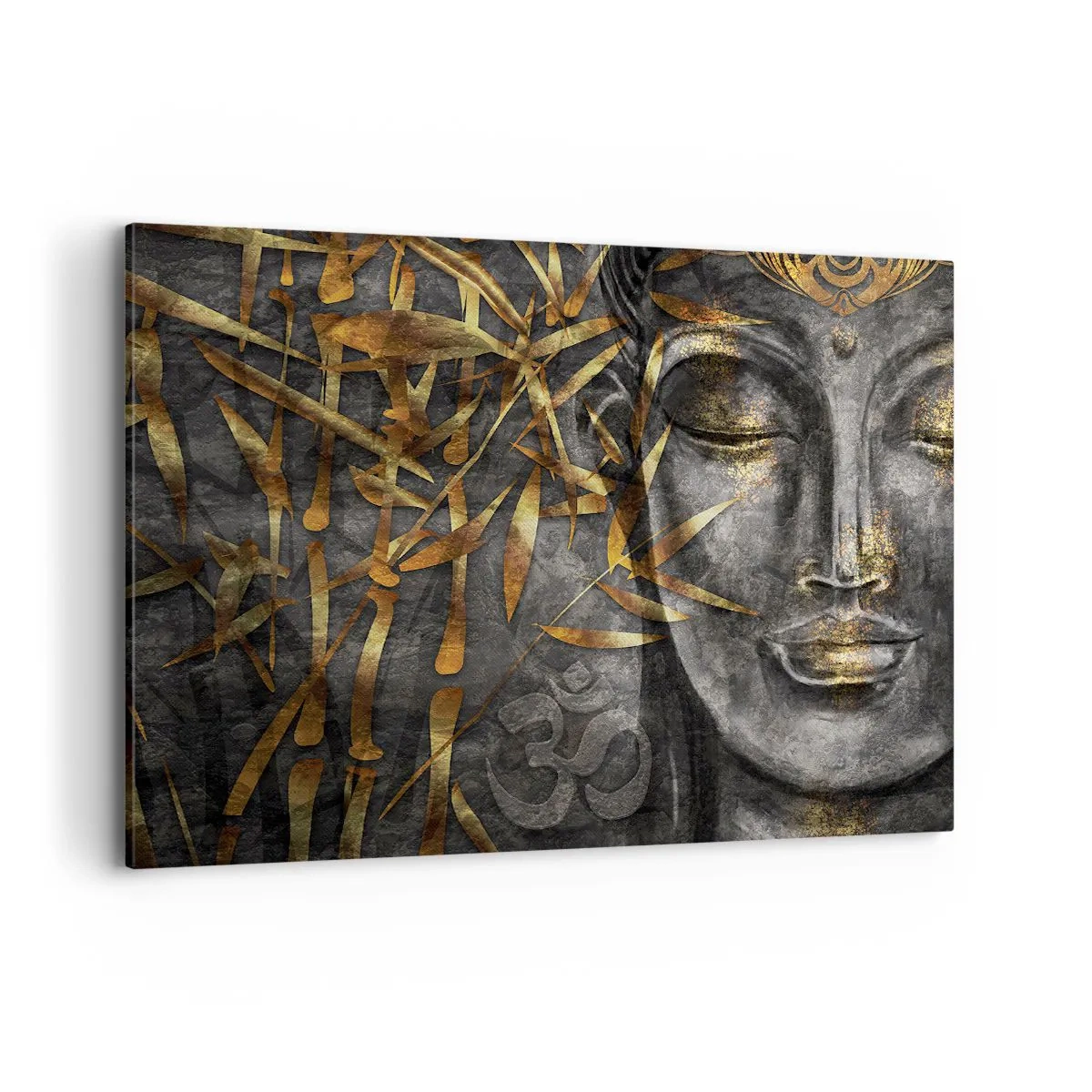 Cuadro sobre lienzo - Impresión de Imagen - Imagen de Buda zen con bambúes dorados - 120x80cm - Siente la paz - Decoración de pared moderna para salón y dormitorio ARTTOR