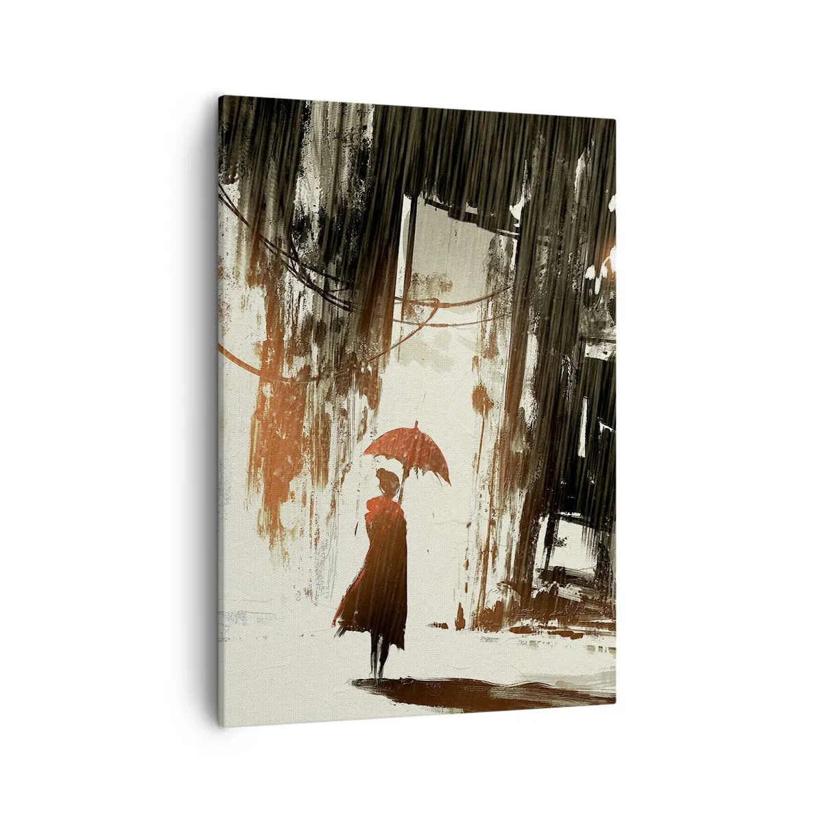 Cuadro sobre lienzo - Impresión de Imagen - Una figura roja con un paraguas en una escena lluviosa. - 50x70cm - Poesía de un paraguas rojo - Decoración de pared moderna para salón y dormitorio ARTTOR